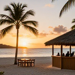 Caribbean Holidays, December Adventures, A relaxed evening at a British Virgin Islands beach bar, warm sunset light, palm trees, tables near the sand and calm sea