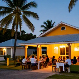 Caribbean Holidays, December Adventures, A relaxed evening in a colourful Caribbean village in Saint Vincent and the Grenadines, with warmly lit restaurants, palm trees and travellers enjoying local food