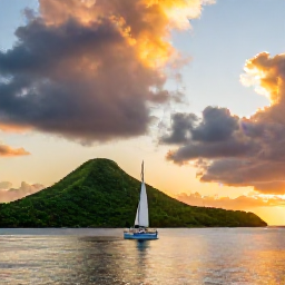 Caribbean Holidays, December Adventures, A sailing boat travelling between the green islands of the United States Virgin Islands at sunset, with calm Caribbean water and dramatic sky