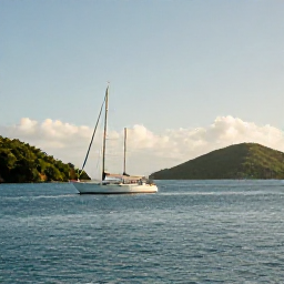 Caribbean Holidays, December Adventures, A sailing yacht passing between green Caribbean islands near Tortola, calm blue sea, warm sunshine and distant hills