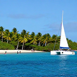 Caribbean Holidays, December Adventures, A small catamaran sailing past the palm-fringed Grenadine islands in clear blue water, with snorkellers near a sheltered bay