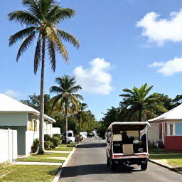 Caribbean Holidays, December Adventures, A small open-top vehicle travelling through a sunny village street with palms on Saint Barth&eacute;lemy