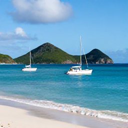 Caribbean Holidays, December Adventures, A sunny December morning over turquoise Caribbean water, rugged green islands, white sailing boats and a quiet sandy beach in the British Virgin Islands