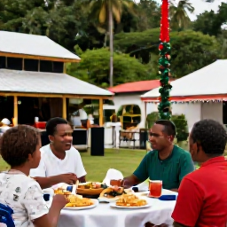Caribbean Holidays, December Adventures, Friendly Montserrat village scene with local food, music and Christmas decorations