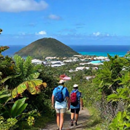 Caribbean Holidays, December Adventures, Hikers following a scenic trail through tropical vegetation towards a viewpoint over Saint Martin and Sint Maarten, sunny Caribbean landscape