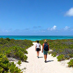 Caribbean Holidays, December Adventures, Hikers walking across a quiet sandy trail beside scrub vegetation and turquoise sea on Providenciales