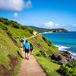 Caribbean Holidays, December Adventures, Hikers walking along a scenic coastal trail on Tortola, green hills, rocky shoreline and sweeping views across the British Virgin Islands
