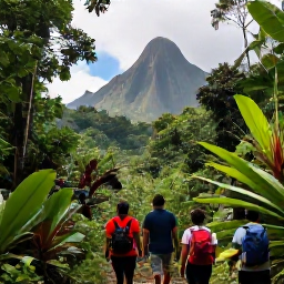 Caribbean Holidays, December Adventures, Hikers walking through rich green rainforest on Saint Vincent towards a volcanic viewpoint, with tropical plants and dramatic mountain scenery