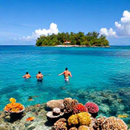 Caribbean Holidays, December Adventures, People snorkelling above a colourful coral reef beside a small tropical island in the British Virgin Islands, clear shallow water and bright fish