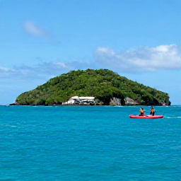 Caribbean Holidays, December Adventures, Sea kayaks and paddleboards on calm turquoise water beside a green Caribbean island, with a clear December sky