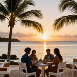 Caribbean Holidays, December Adventures, Travellers enjoying a sunset meal at a relaxed beachfront restaurant in Saint Kitts, with palm trees and calm water