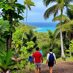 Caribbean Holidays, December Adventures, Travellers hiking through a tropical forest on St John, United States Virgin Islands, with a coastal viewpoint and blue sea in the distance