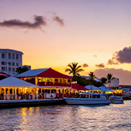 Caribbean Holidays, December Adventures, Vibrant waterfront in Sint Maarten at sunset with restaurants, small boats and visitors enjoying an evening after an active day