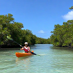 Caribbean Holidays, December Adventures, Visitors kayaking through clear shallow water and mangrove channels in the Turks and Caicos Islands