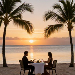 Caribbean Holidays, December All-Inclusive, A Caribbean sunset dinner on a beach, with a table set for two, palm silhouettes and warm evening light