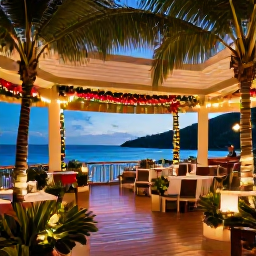 Caribbean Holidays, December All-Inclusive, A festive all-inclusive resort terrace in the United States Virgin Islands, decorated for Christmas with tropical plants, warm lights and views of the sea