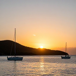 Caribbean Holidays, December All-Inclusive, A peaceful Caribbean sunset over Cruz Bay on St John, with sailboats, green hills and a golden sky