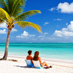 Caribbean Holidays, December All-Inclusive, A sunlit Caribbean beach in December with turquoise water, white sand, palm trees and a relaxed couple enjoying the view