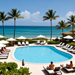 Caribbean Holidays, December All-Inclusive, A welcoming Caribbean all-inclusive resort pool beside the sea, with sun loungers, tropical gardens and guests relaxing