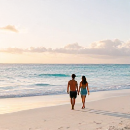 Caribbean Holidays, December All Inclusive, Couple walking along a peaceful Turks and Caicos beach at sunset in December, soft golden light and calm turquoise sea