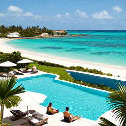 Caribbean Holidays, December All Inclusive, Elegant all-inclusive resort beside a turquoise lagoon in Turks and Caicos, guests relaxing by a pool and dining outdoors in December