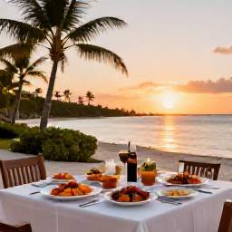 Caribbean Holidays, December All Inclusive, Outdoor table serving fresh Caribbean seafood at sunset in Turks and Caicos, palm trees and peaceful island scenery