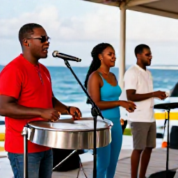 Caribbean Holidays, December Antigua, Antiguan musicians performing live calypso and steel pan music at an outdoor December celebration near the sea