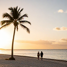 Caribbean Holidays, December Aruba, Couple walking along Eagle Beach in Aruba at sunset during December, calm sea, palm trees and warm golden light