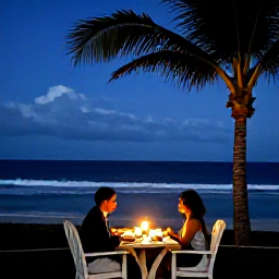 Caribbean Holidays, December Aruba, Romantic dinner for two beside the sea in Aruba at night in December, candlelight, palm trees and gentle waves