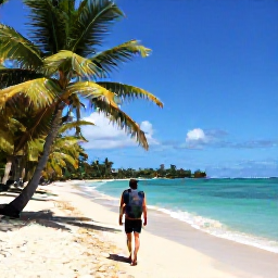 Caribbean Holidays, December Backpacking, Backpacker walking along a palm-fringed Caribbean beach in Saint Vincent and the Grenadines during sunny December weather