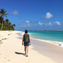 Caribbean Holidays, December Backpacking, Backpacker walking along a sunny Caribbean beach with a lightweight rucksack, turquoise sea and palm trees