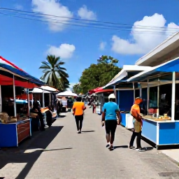 Caribbean Holidays, December Backpacking, Colourful Caribbean market street with local food stalls, musicians and travellers exploring in December sunshine