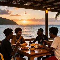 Caribbean Holidays, December Backpacking, Friendly backpackers eating local Caribbean food at an informal seaside restaurant in Saint Vincent and the Grenadines at sunset