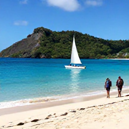 Caribbean Holidays, December Backpacking, Small sailing boat approaching turquoise water and sandy beaches in the Grenadines, with backpackers and lush green islands