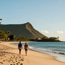 Caribbean Holidays, December Beach Holidays, Couple walking along a quiet Saint Barth&eacute;lemy beach in warm December sunshine, tropical hills and peaceful Caribbean scenery