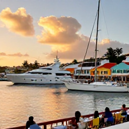 Caribbean Holidays, December Beach Holidays, Gustavia harbour at sunset in December, elegant yachts, colourful buildings and visitors dining beside the waterfront on Saint Barth&eacute;lemy