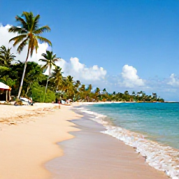 Caribbean Holidays, December Beaches, A bright Caribbean beach in Trinidad and Tobago in December, calm turquoise water, soft golden sand, palm trees and a few relaxed visitors