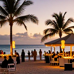 Caribbean Holidays, December Beaches, A festive Caribbean beach resort on Saint Kitts at sunset, with palm trees, warm lights and guests enjoying December celebrations