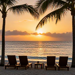 Caribbean Holidays, December Beaches, A relaxed Caribbean beach resort in Trinidad and Tobago at sunset in December, comfortable loungers, palm trees and a calm golden sea