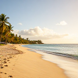Caribbean Holidays, December Beaches, A wide golden beach on Saint Kitts with calm turquoise Caribbean water, palm trees and warm December sunshine