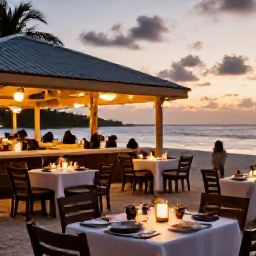 Caribbean Holidays, December Beaches, An outdoor beachfront restaurant in Providenciales at sunset, tables with local seafood, soft lights and a relaxed holiday atmosphere