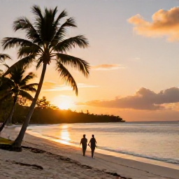 Caribbean Holidays, December Beaches, Couple walking along a quiet Caribbean beach at sunset in December, with palm trees and calm golden water