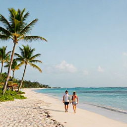 Caribbean Holidays, December Beaches, Couple walking along an empty tropical beach in Turks and Caicos during a sunny December morning, calm sea and palm trees