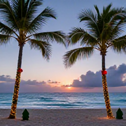 Caribbean Holidays, December Beaches, Festive Caribbean beach scene in December with tasteful Christmas decorations, palm trees and a sunset over calm turquoise sea
