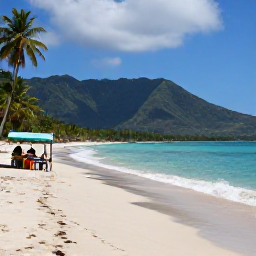 Caribbean Holidays, December Beaches, Maracas Bay in Trinidad in December, sweeping sandy beach, green mountains, gentle waves and a local food stall