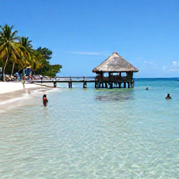 Caribbean Holidays, December Beaches, Pigeon Point beach in Tobago during December, thatched jetty, clear shallow water, palm-fringed shoreline and people swimming