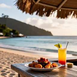 Caribbean Holidays, December Beaches, Relaxed Caribbean beach bar beside a sandy bay in Saint Vincent and the Grenadines, with fresh seafood, colourful drinks and warm evening light