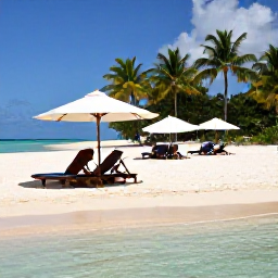 Caribbean Holidays, December Beaches, Relaxed Caribbean resort beach with sun loungers, palm trees, clear shallow water and a family enjoying December sunshine