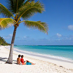 Caribbean Holidays, December Beaches, Sunlit Caribbean beach in December with turquoise water, white sand and a relaxed couple under palm trees