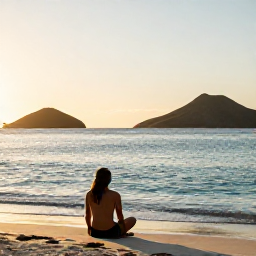 Caribbean Holidays, December Beaches, Traveller relaxing on a quiet Montserrat beach at sunset, calm turquoise water, volcanic hills and warm Caribbean evening light